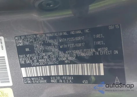 2015 Toyota Sienna Xle/Limited из США, поврежденный, VIN 5TDYK3DC7FS660142